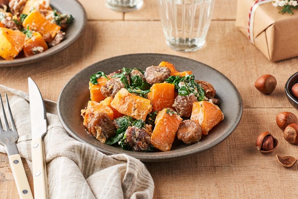 Rôti de butternut aux châtaignes, épinards, noisettes et ricotta