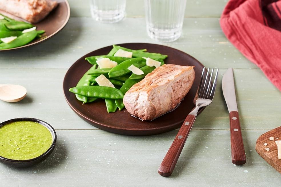 Filet mignon sauce à l’origan et pois gourmands