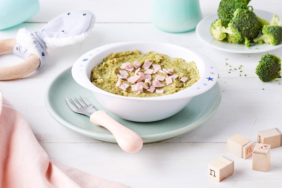 Purée de brocolis, poireaux et jambon