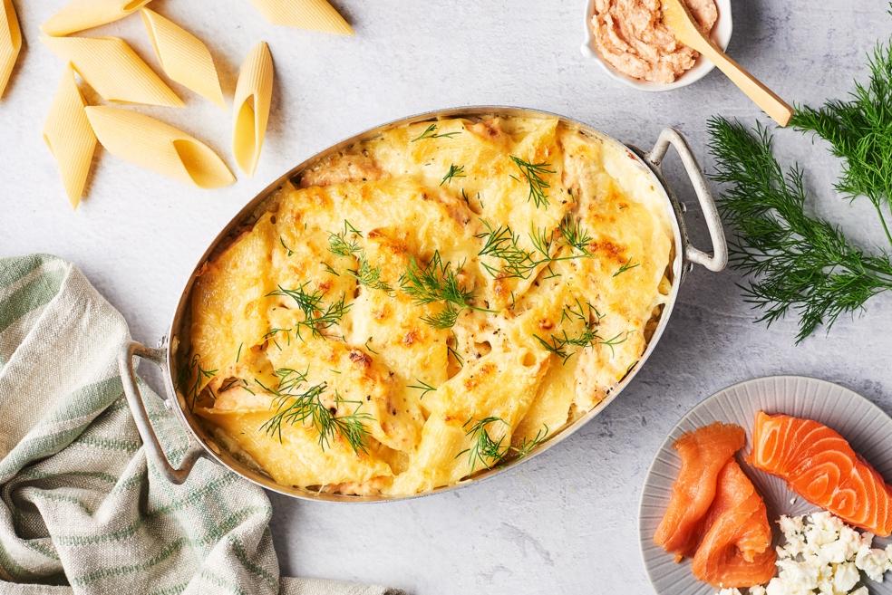 Gratin de Pennoni Giganti aux deux saumons