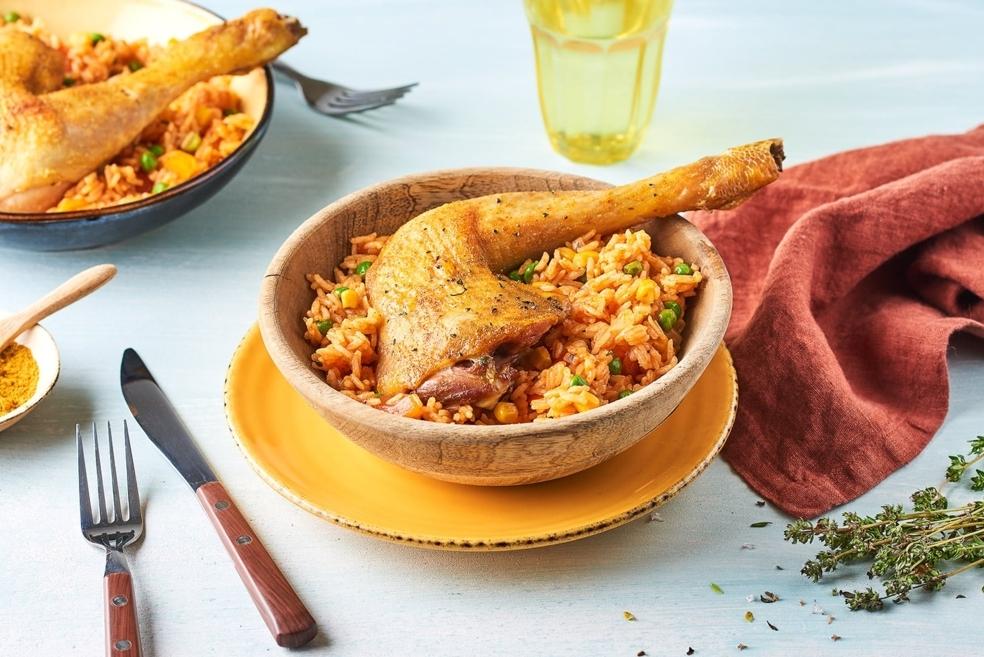 Riz jollof et cuisse de poulet