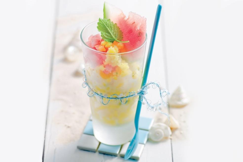 Sorbet pêche et dés de pastèque