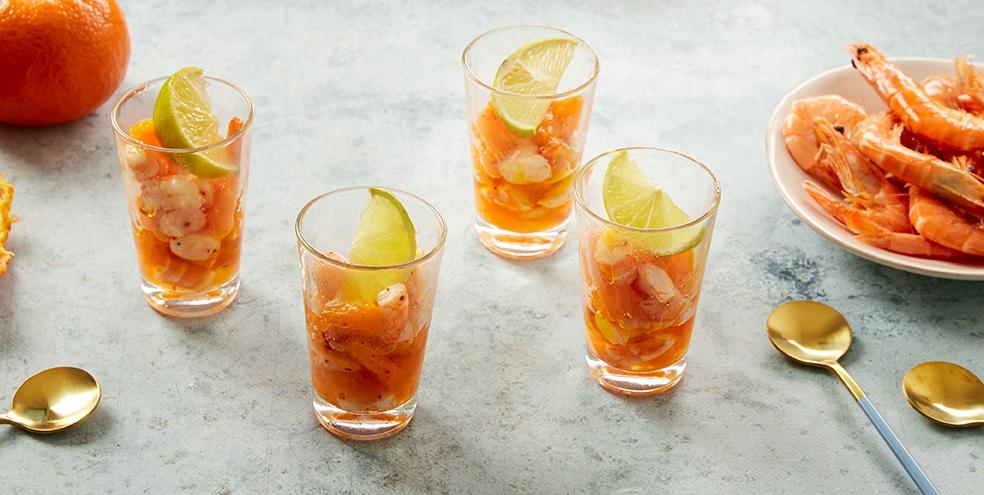 Verrines crevettes et suprêmes de mandarines