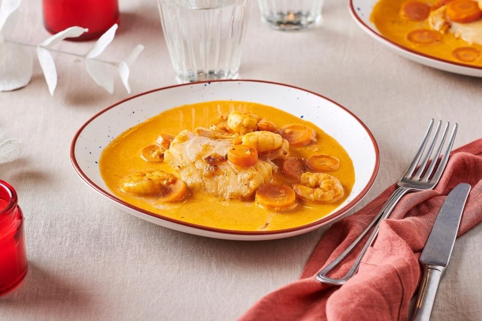 Nage de cabillaud, gambas et safran