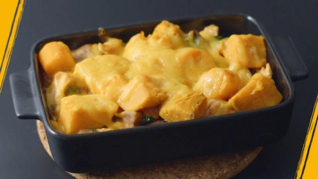 Parmentier de poulet, patate douce et châtaignes