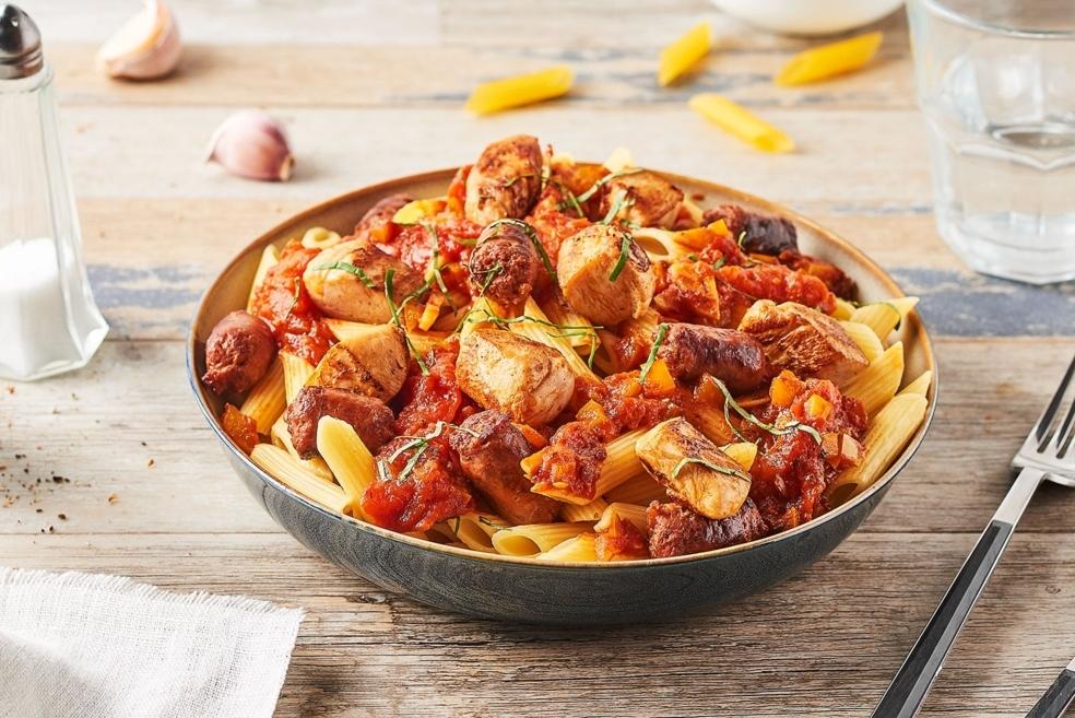 Penne au poulet et sauce tomate à la merguez