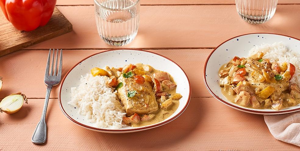 Cocotte de cabillaud, poivrons et curry