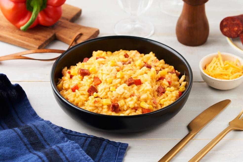 Risotto aux poivrons, chorizo et maïs