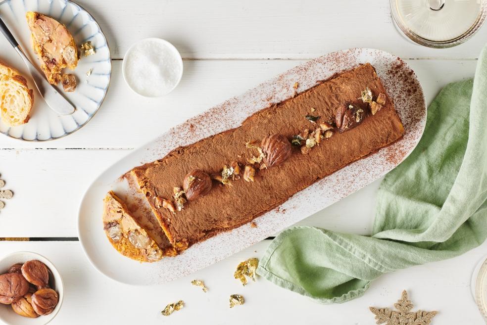 Bûche de foie gras, marrons et chocolat