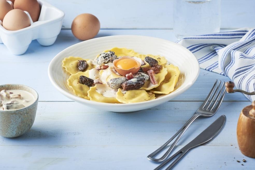 Raviolis à la carbonara et morilles