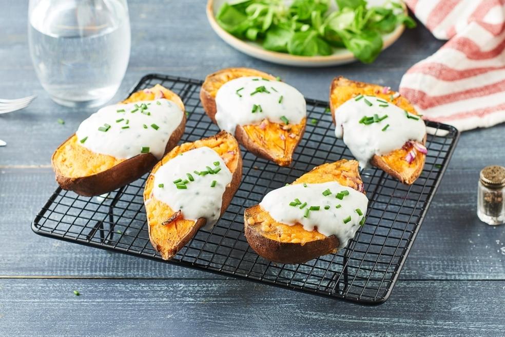 Patates douces farcies oignons rouges et cheddar