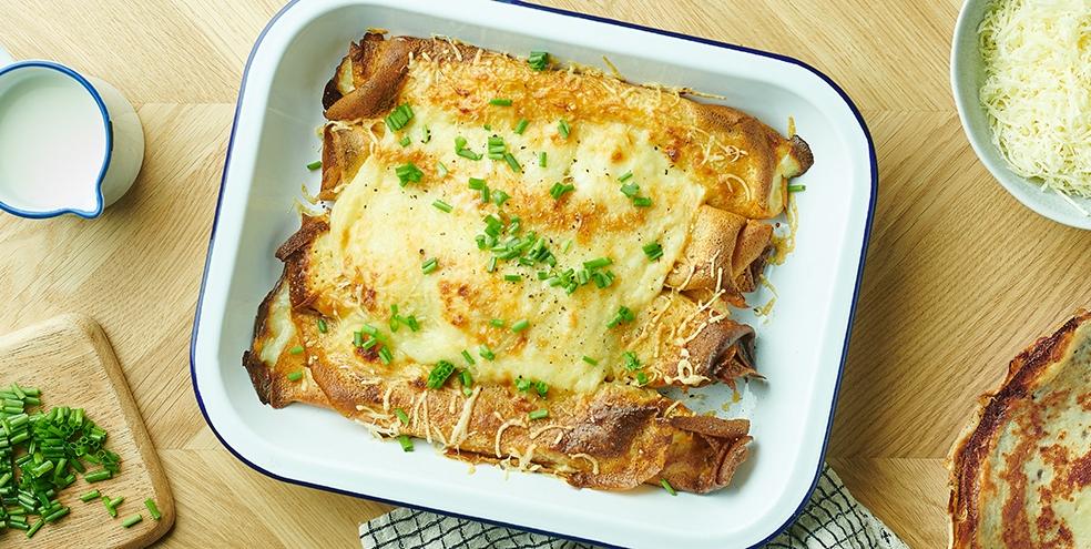 Gratin de crêpes au jambon et au fromage