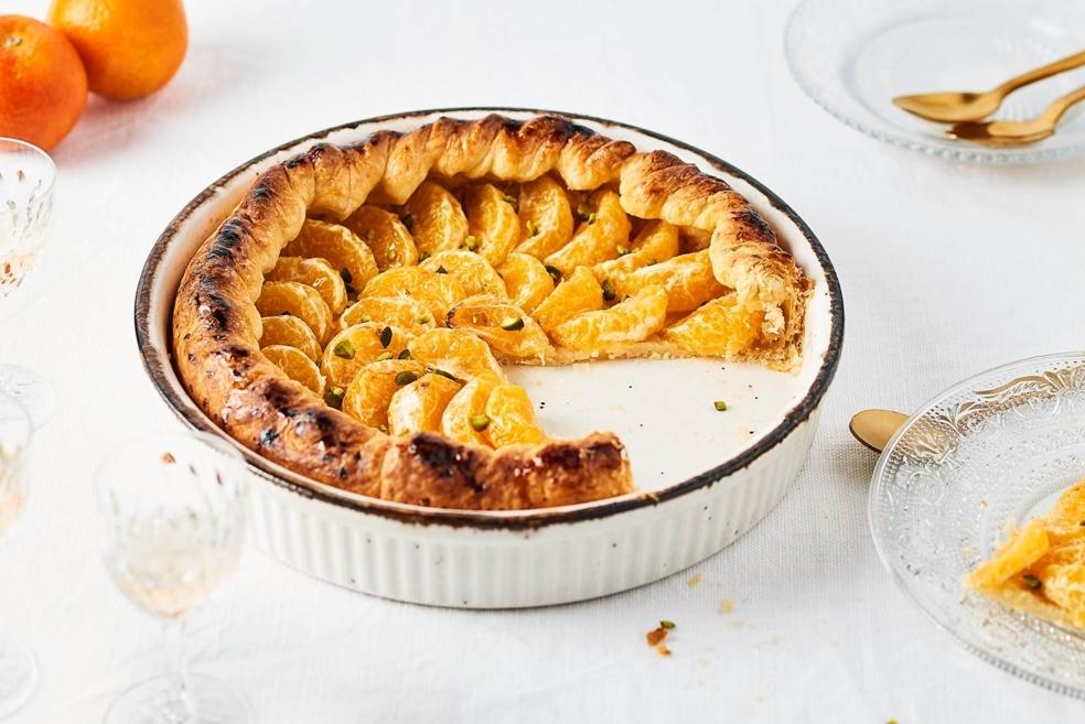 Tarte aux clémentines, amandes et éclats de pistaches