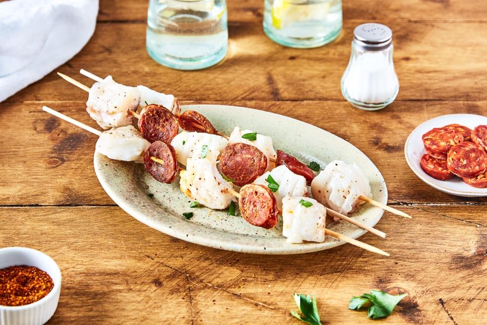 Brochettes de chorizo et cabillaud