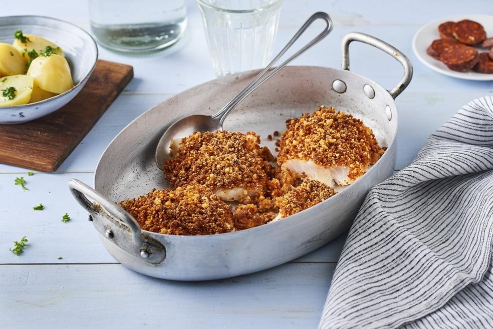 Dos de cabillaud en crumble de chorizo et parmesan