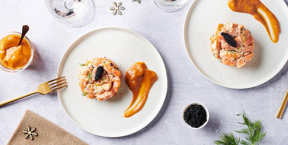 Tartare de saumon, crevette et émulsion de bisque de homard