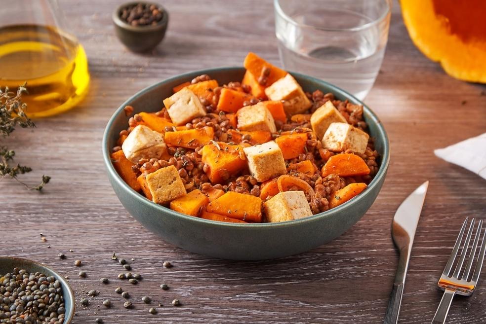 Poêlée de potimarron, lentilles et tofu