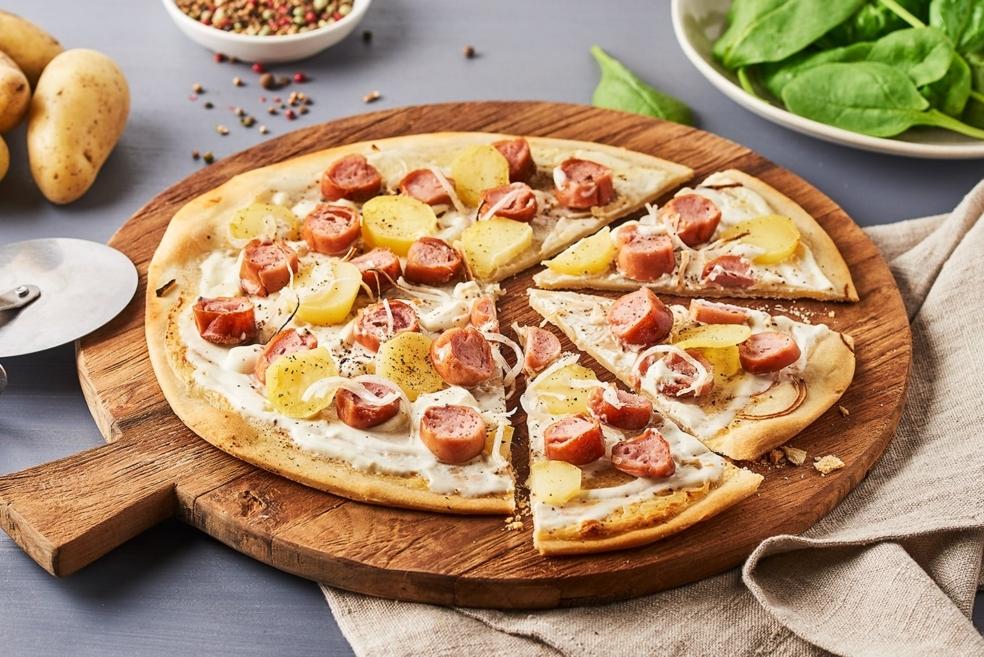 Tarte flambée pommes de terre et Knacks