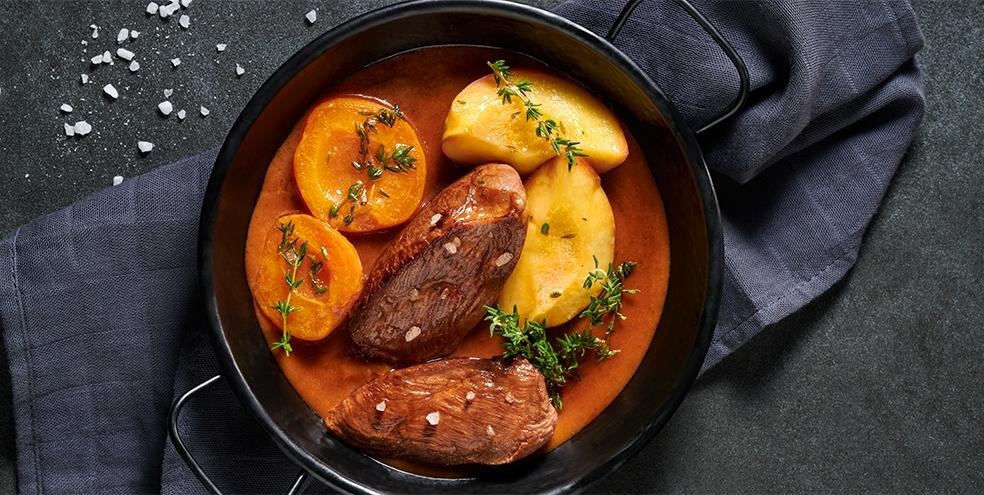 Aiguillette de canard aux abricots et pêches rôtis au miel et thym