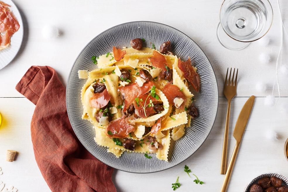 Pappardelle aux cèpes, marrons et Prosciutto croquant