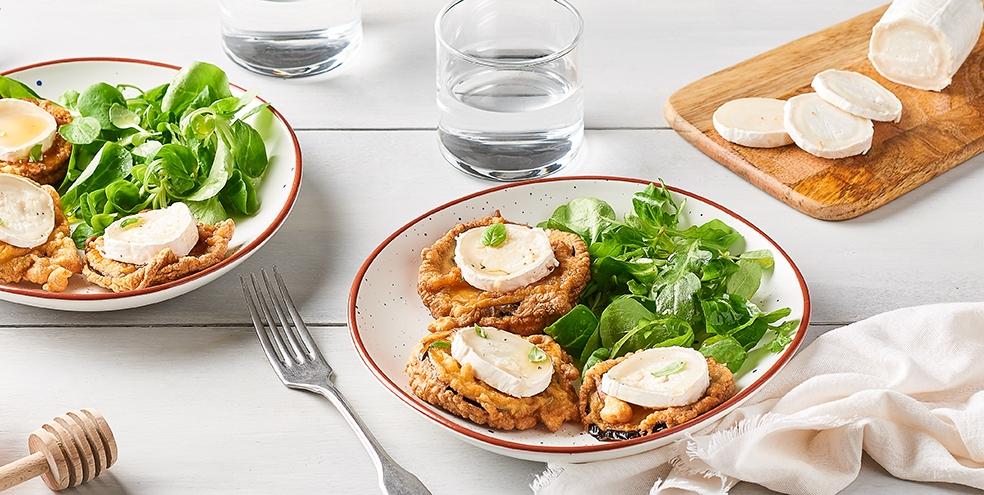 Beignets croustillants aubergine, chèvre et miel