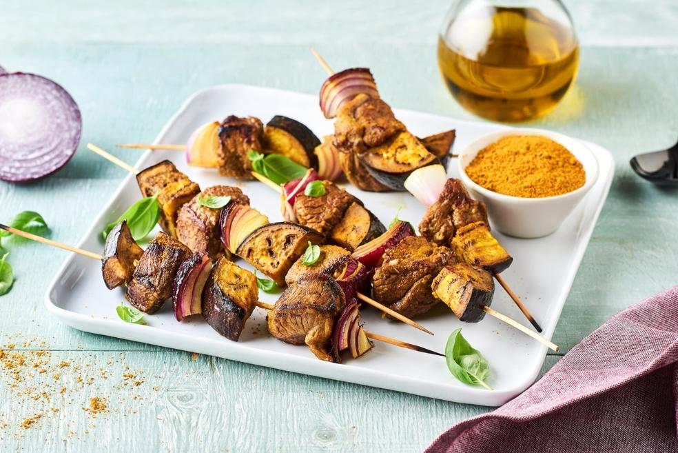 Brochettes d'agneau et aubergines aux épices