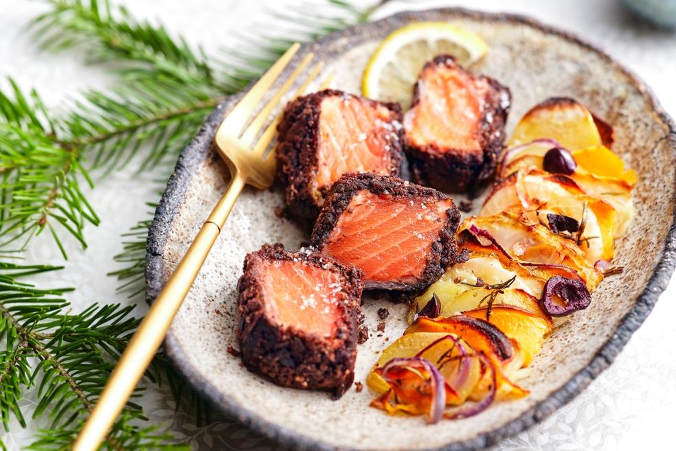 Saumon en croûte de tapenade & tian de légumes rôtis