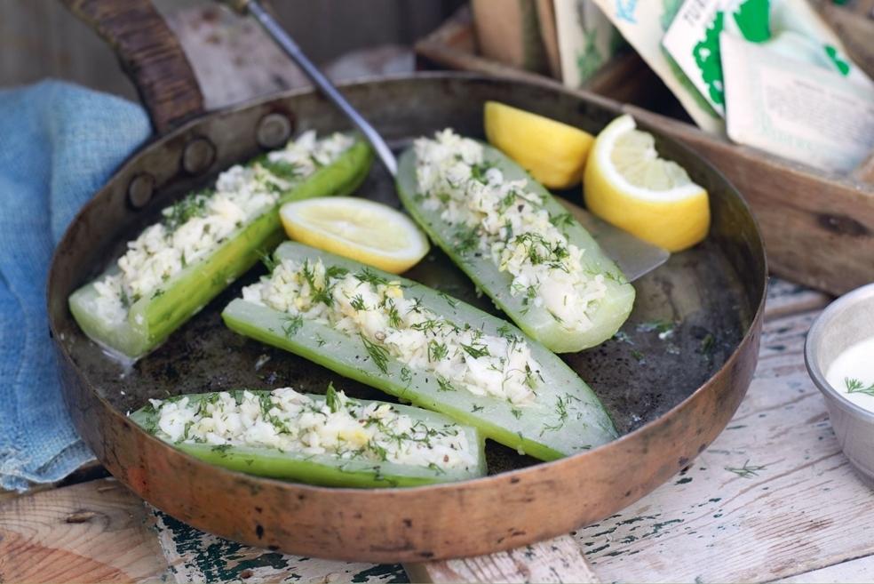 Concombre braisé et farce de poisson et riz