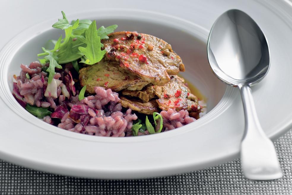 Risotto rouge et filets de porc marinés