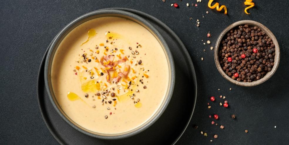 Crème de Lentilles, Lard fumé et Mandarine