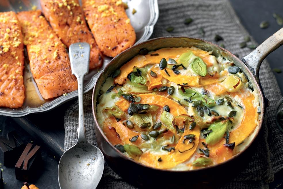 Saumon frit et son gratin de poireaux et butternut