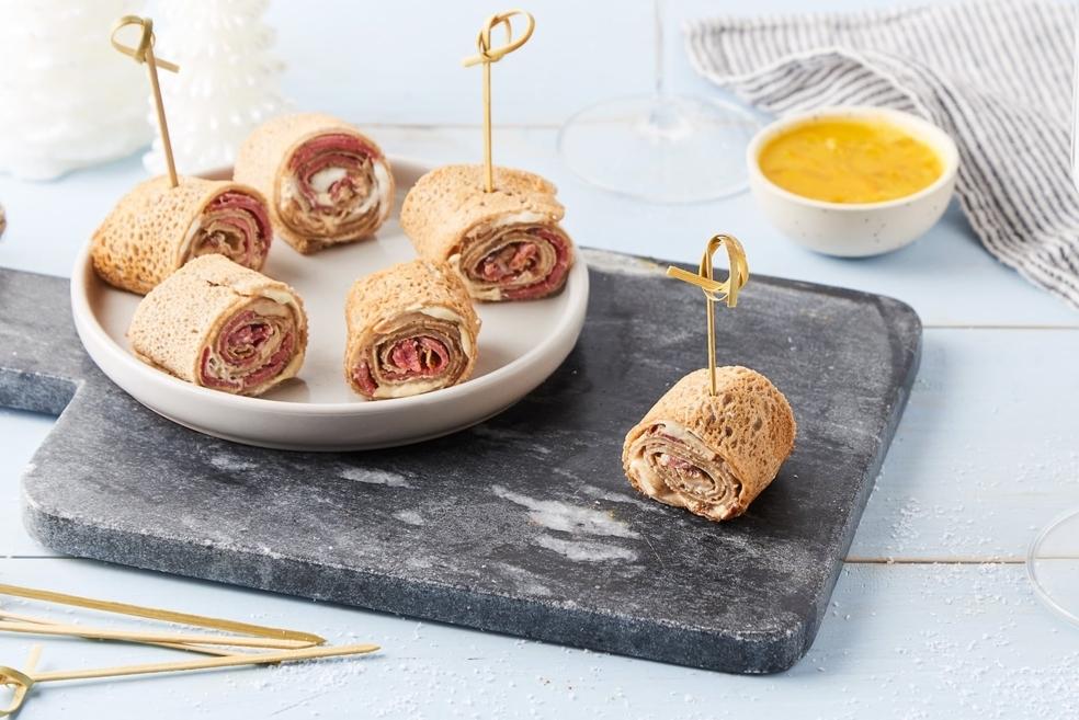 Roulé de crêpes magret-orange