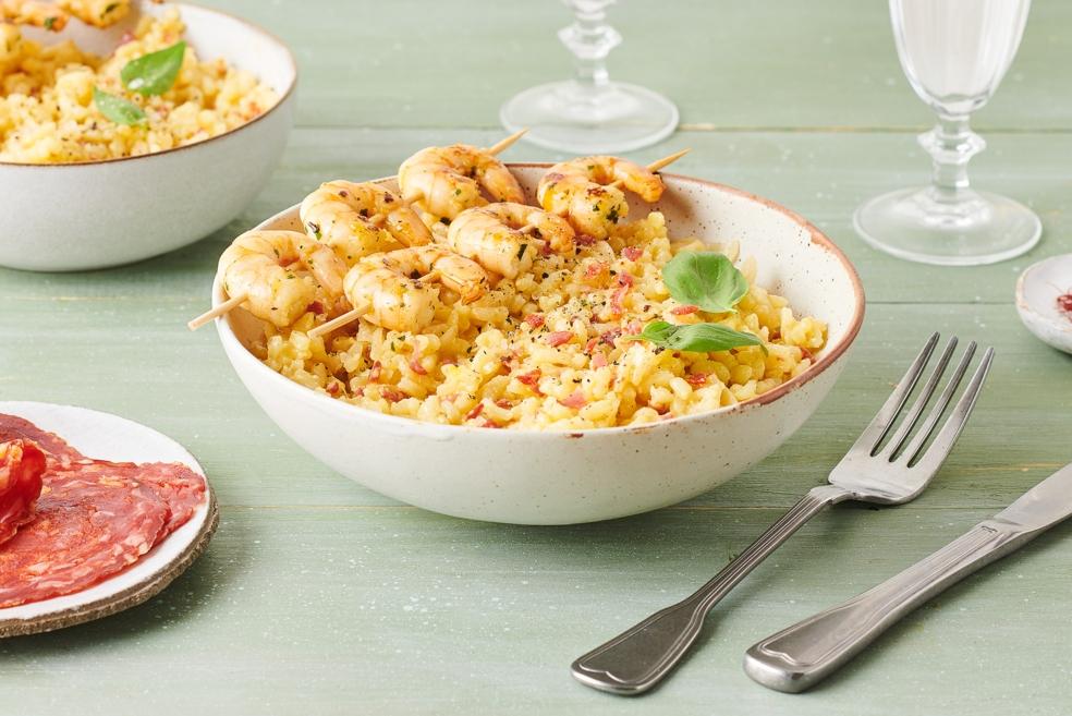 Risotto au safran et brochettes de gambas