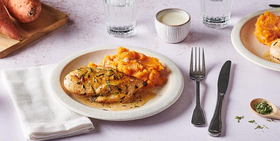 Filet de poulet à l'estragon et purée de patates douces