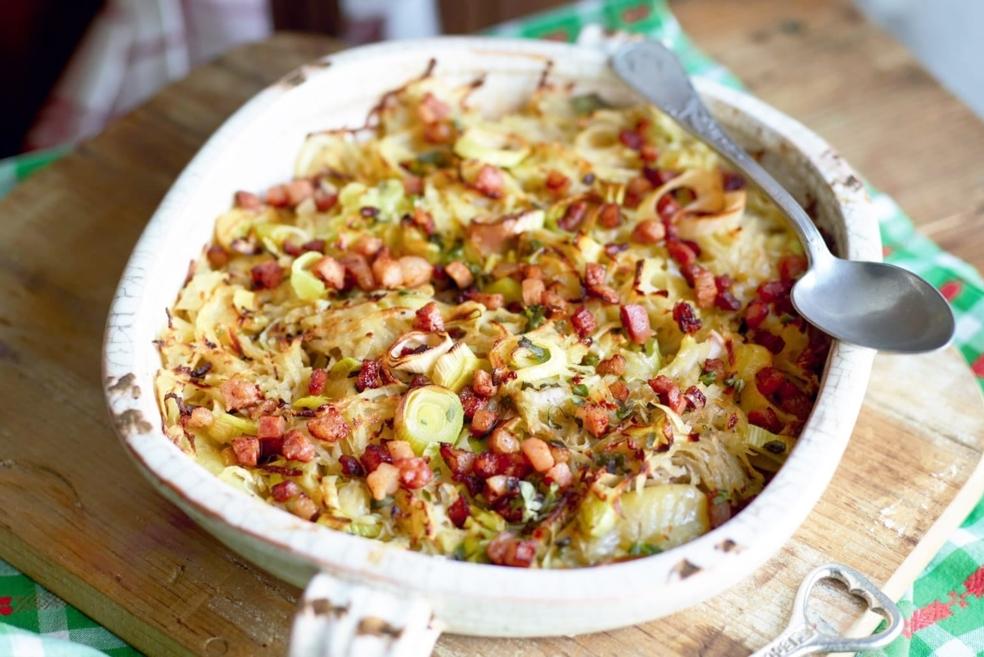 Poêlée de pommes de terre, poireaux et lard