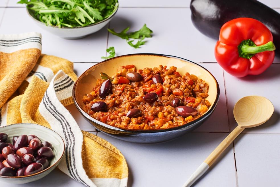 Zaalouk - Purée d'aubergines, poivron rouge et olives noires