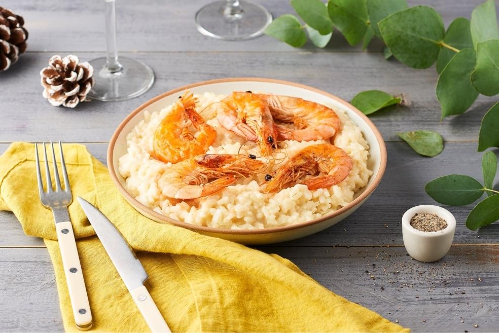 Risotto au champagne et gambas rôties
