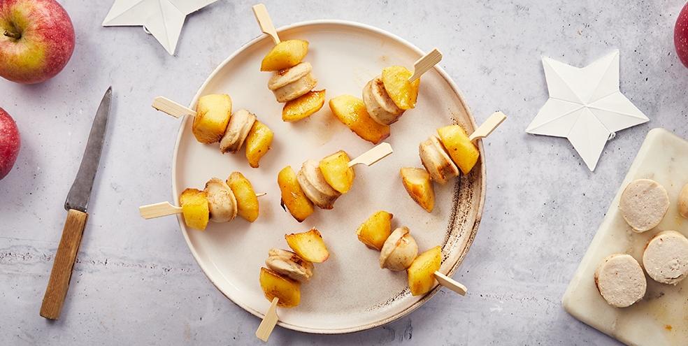 Brochettes de boudin blanc aux pommes caramélisées
