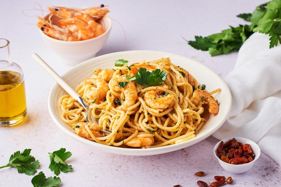 Pâtes aux gambas pimentées et ail